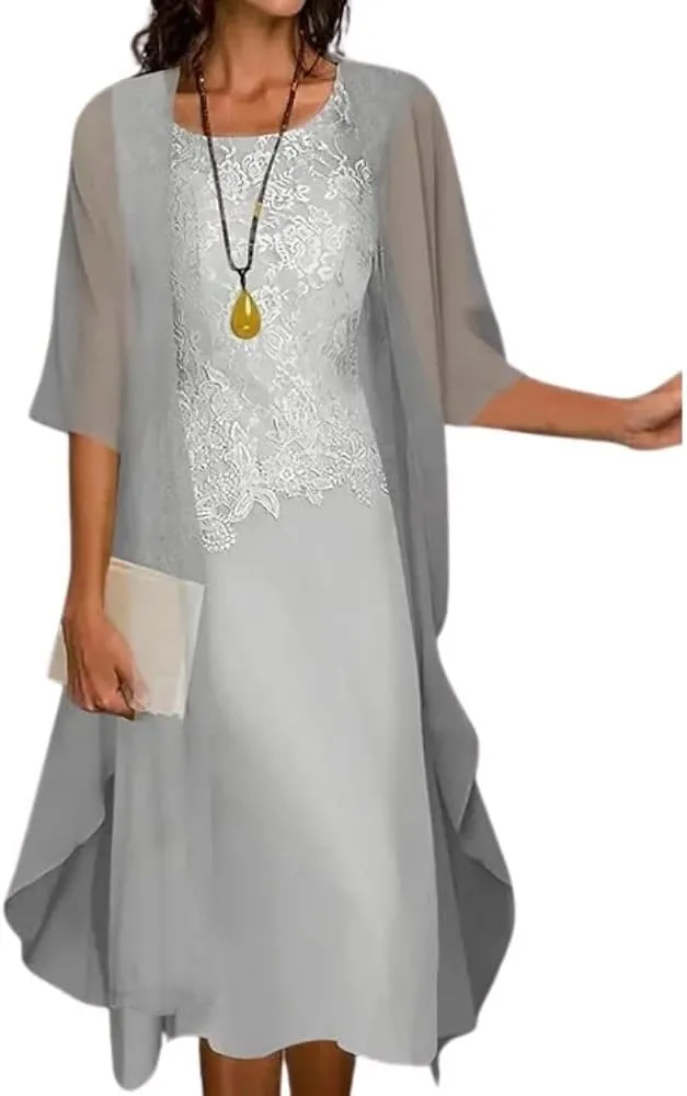 2 Piece Dress Sets Chiffon Tea Length Mother of The Bride Dresses for Wedding Floral Print Evening Gowns with Cardigan
