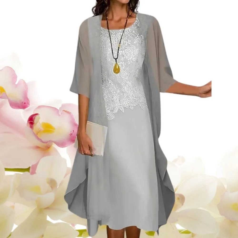 2 Piece Dress Sets Chiffon Tea Length Mother of The Bride Dresses for Wedding Floral Print Evening Gowns with Cardigan