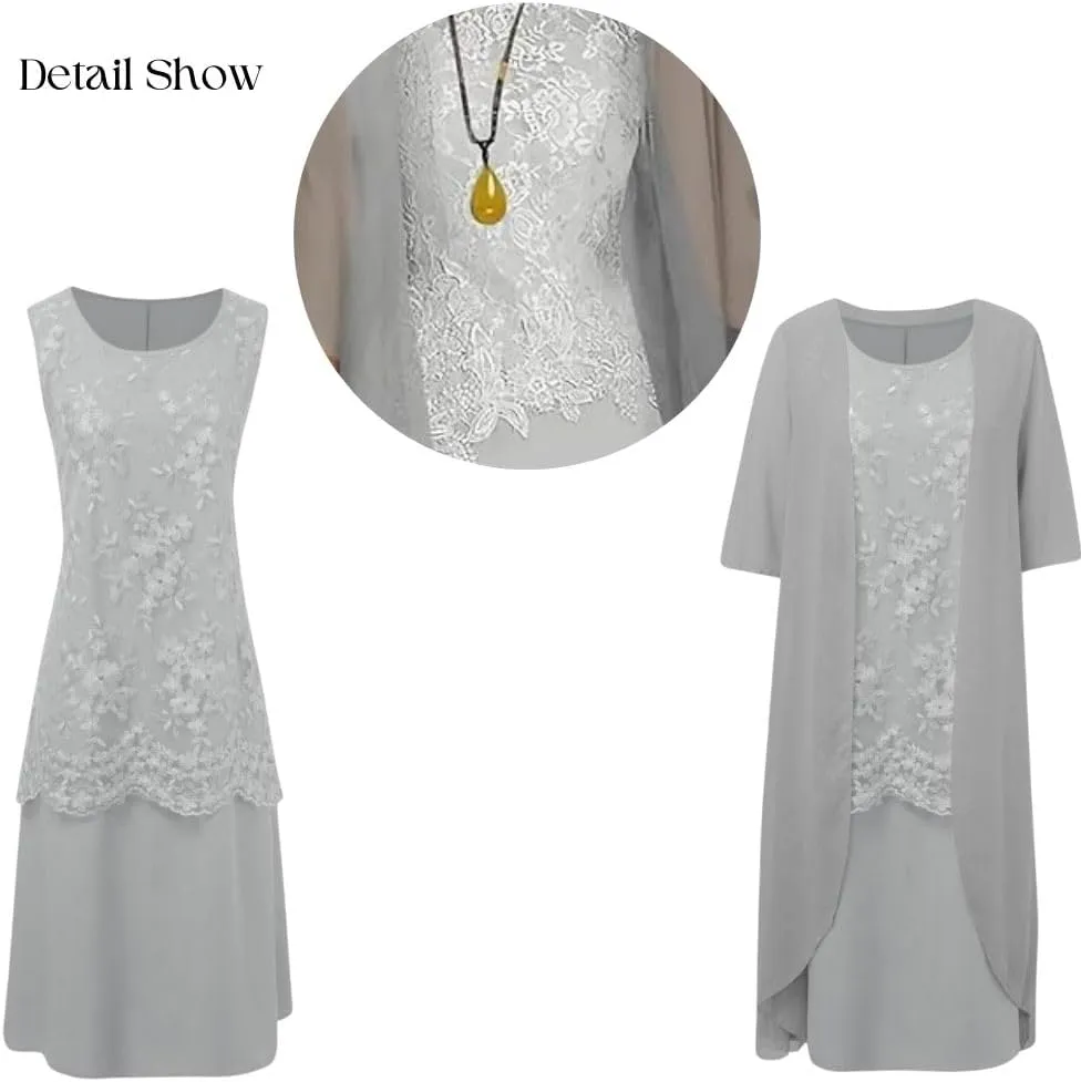 2 Piece Dress Sets Chiffon Tea Length Mother of The Bride Dresses for Wedding Floral Print Evening Gowns with Cardigan