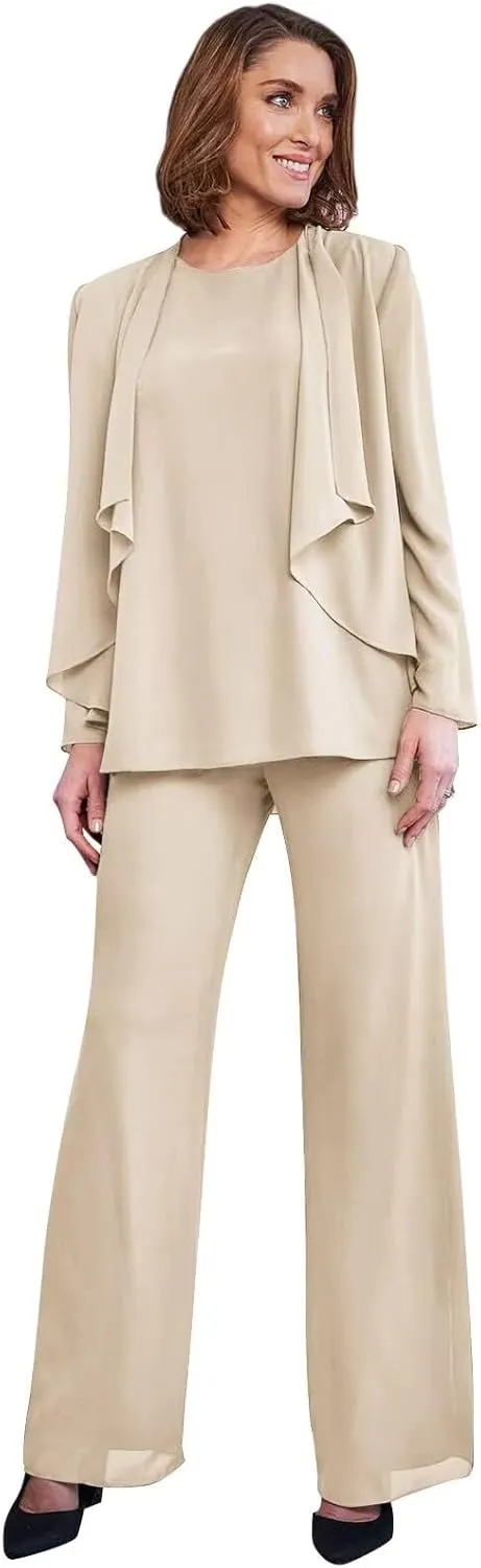 3 Pieces Mother of The Bride Pant Suits for Wedding Long Sleeve Chiffon Formal Outfits for Women 2025 with Jackets