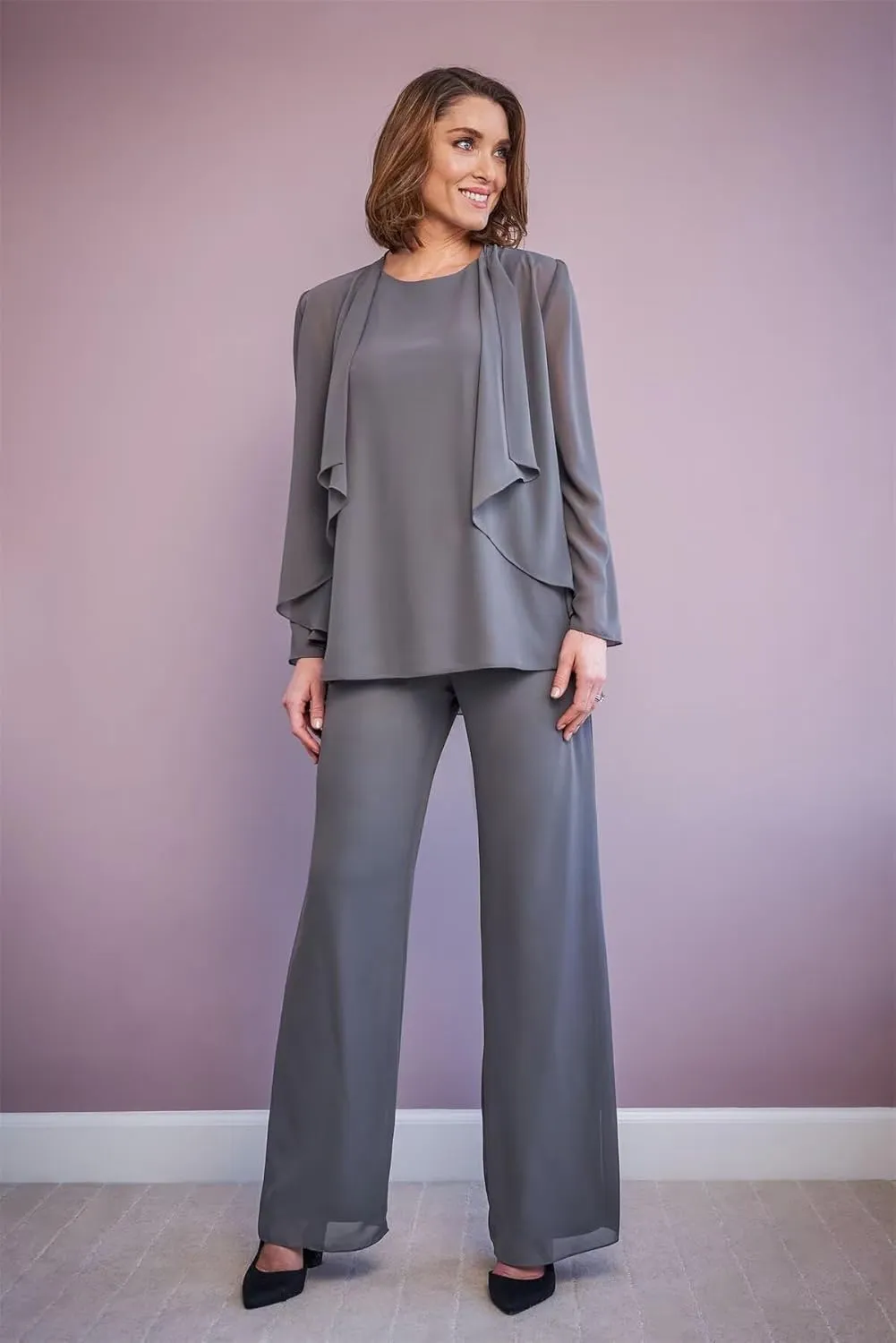 3 Pieces Mother of The Bride Pant Suits for Wedding Long Sleeve Chiffon Formal Outfits for Women 2025 with Jackets
