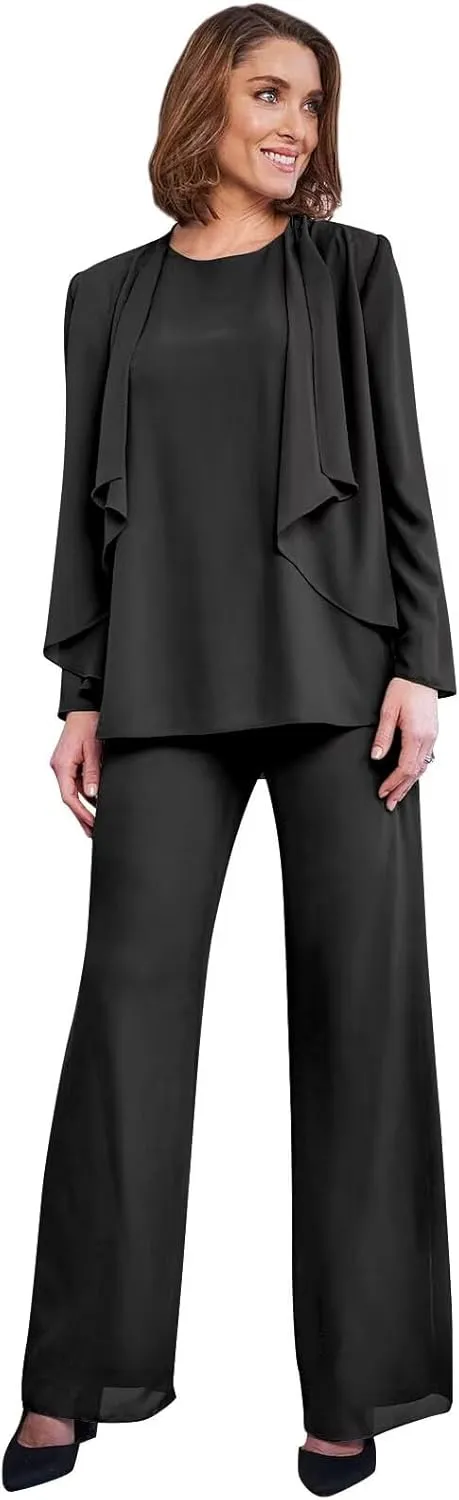 3 Pieces Mother of The Bride Pant Suits for Wedding Long Sleeve Chiffon Formal Outfits for Women 2025 with Jackets