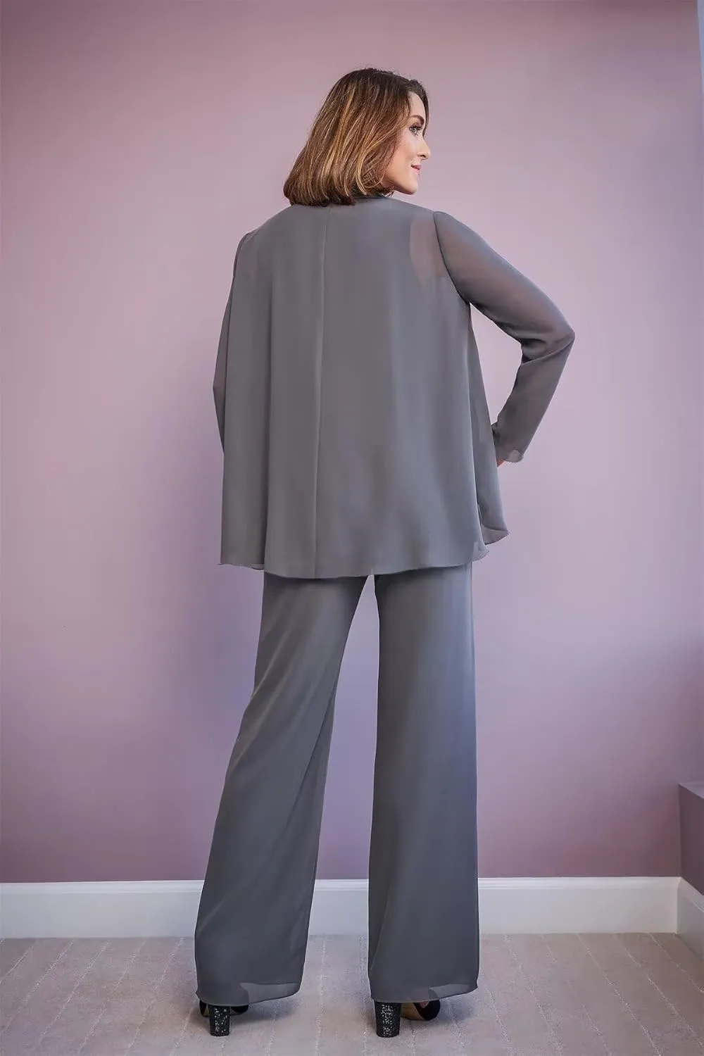3 Pieces Mother of The Bride Pant Suits for Wedding Long Sleeve Chiffon Formal Outfits for Women 2025 with Jackets