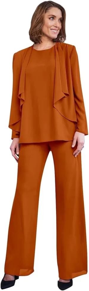 3 Pieces Mother of The Bride Pant Suits for Wedding Long Sleeve Chiffon Formal Outfits for Women 2025 with Jackets