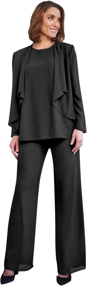 3 Pieces Mother of The Bride Pant Suits for Wedding Long Sleeve Chiffon Formal Outfits for Women 2025 with Jackets