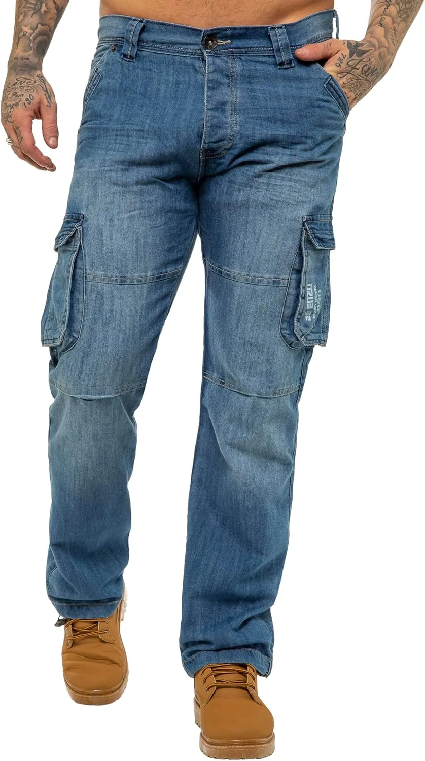 989Z ENZO Mens Cargo Combat Jeans Loose Fit Casual Denim Pants
