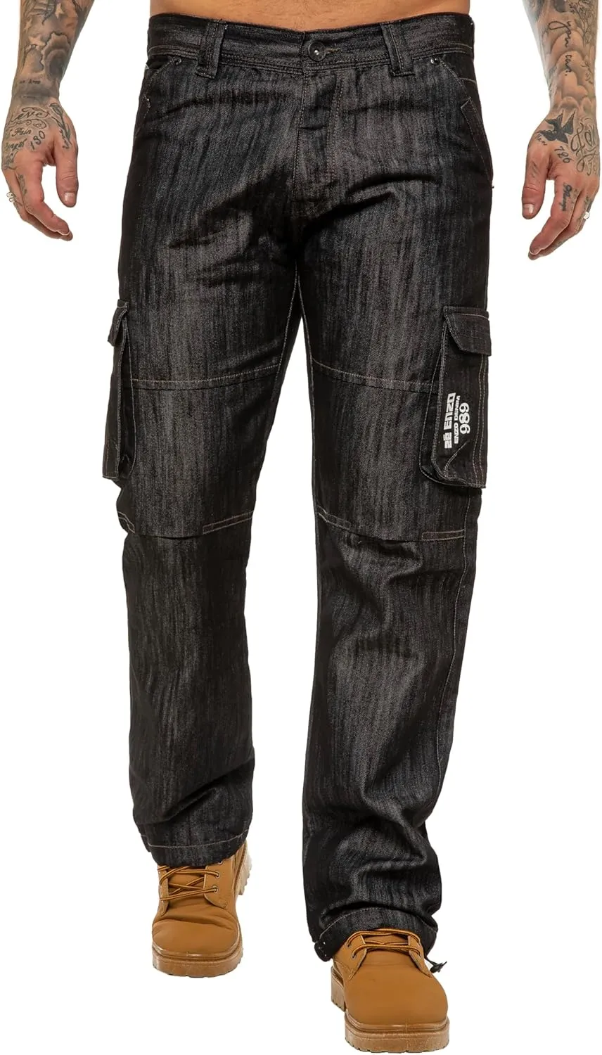 989Z ENZO Mens Cargo Combat Jeans Loose Fit Casual Denim Pants