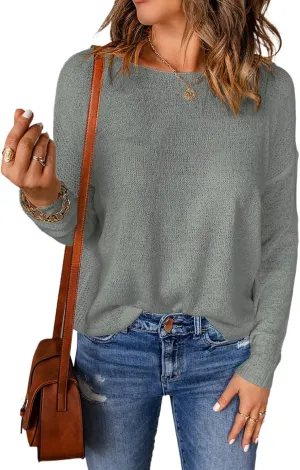 Acelitt Womens Casual Lightweight Long Sleeve Crewneck Knit Shirts Tops, S-XXL