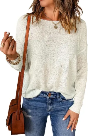 Acelitt Womens Casual Lightweight Long Sleeve Crewneck Knit Shirts Tops, S-XXL