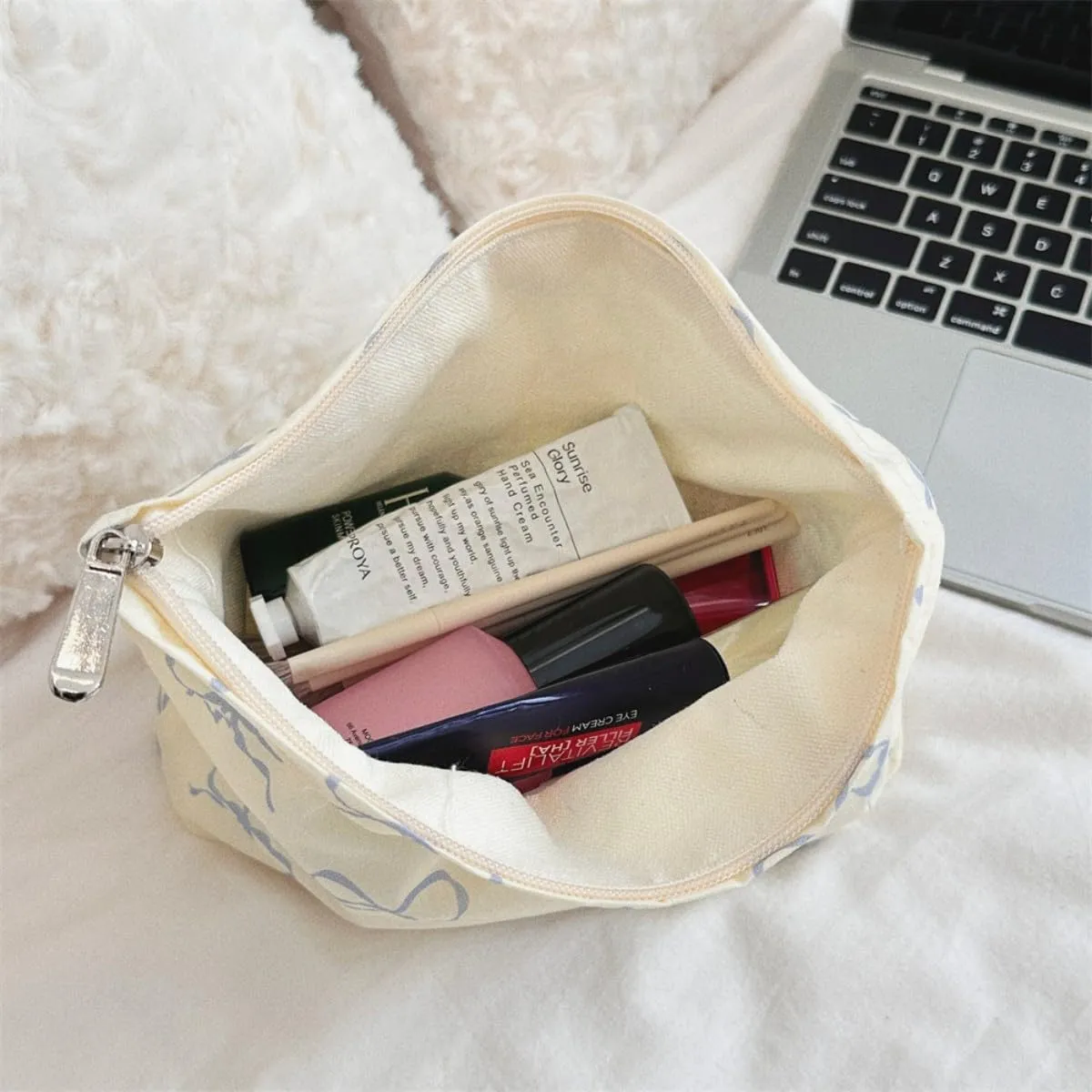 Aesthetic Makeup Bag Cosmetic Bags for Women and Girls, Large Capacity Canvas Travel Makeup Organizer Bag Zipper Pouch (Beige bow)