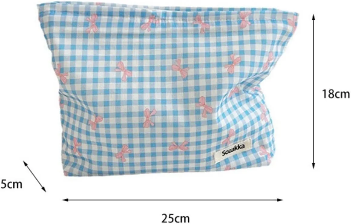 Aesthetic Makeup Bag Cosmetic Bags for Women and Girls, Large Capacity Canvas Travel Makeup Organizer Bag Zipper Pouch (Beige bow)