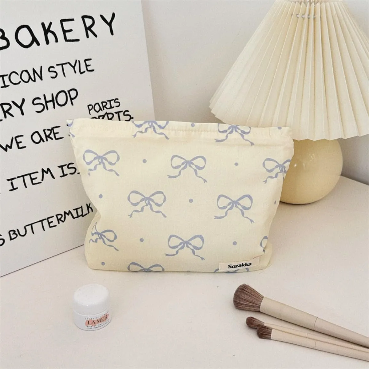 Aesthetic Makeup Bag Cosmetic Bags for Women and Girls, Large Capacity Canvas Travel Makeup Organizer Bag Zipper Pouch (Beige bow)