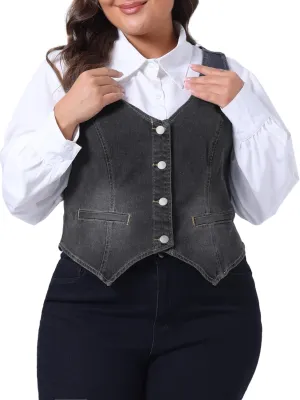 Agnes Orinda Plus Size Denim Vest Top for Women Button Down Waistcoat Casual Sleeveless Jean Jacket Vests