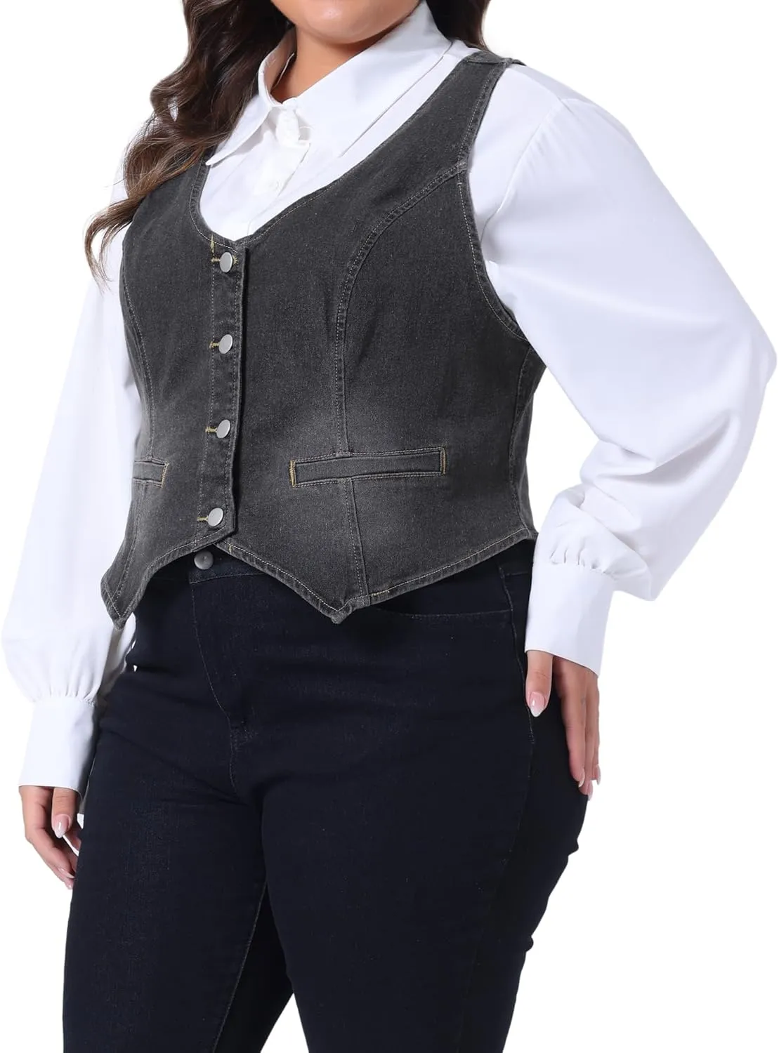 Agnes Orinda Plus Size Denim Vest Top for Women Button Down Waistcoat Casual Sleeveless Jean Jacket Vests