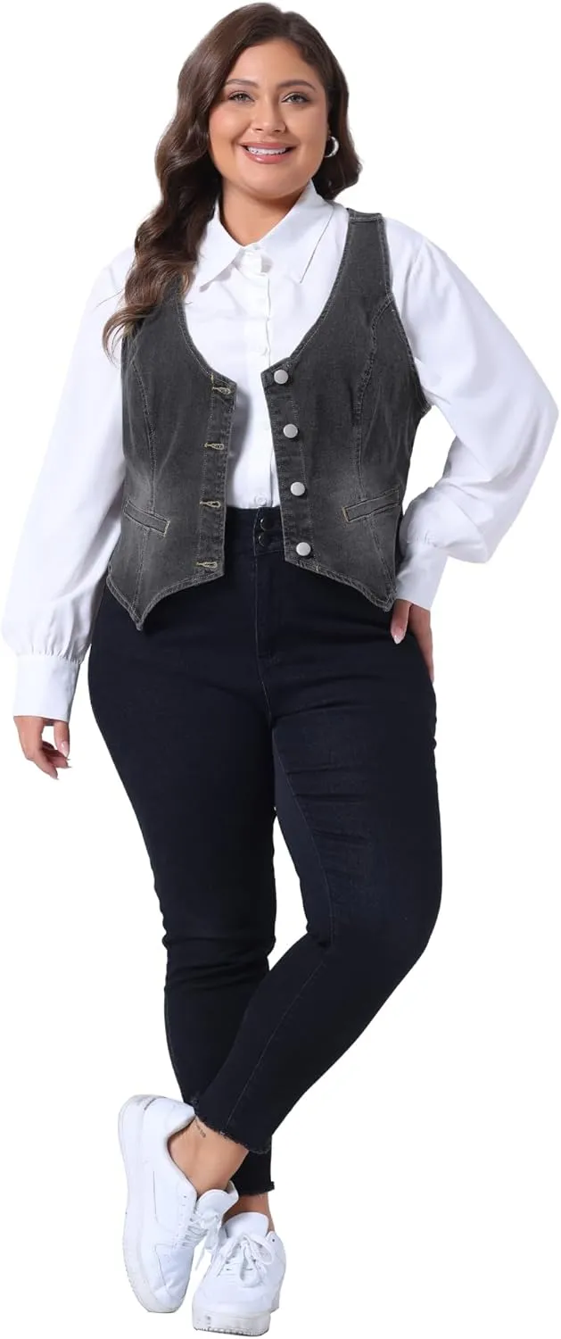 Agnes Orinda Plus Size Denim Vest Top for Women Button Down Waistcoat Casual Sleeveless Jean Jacket Vests