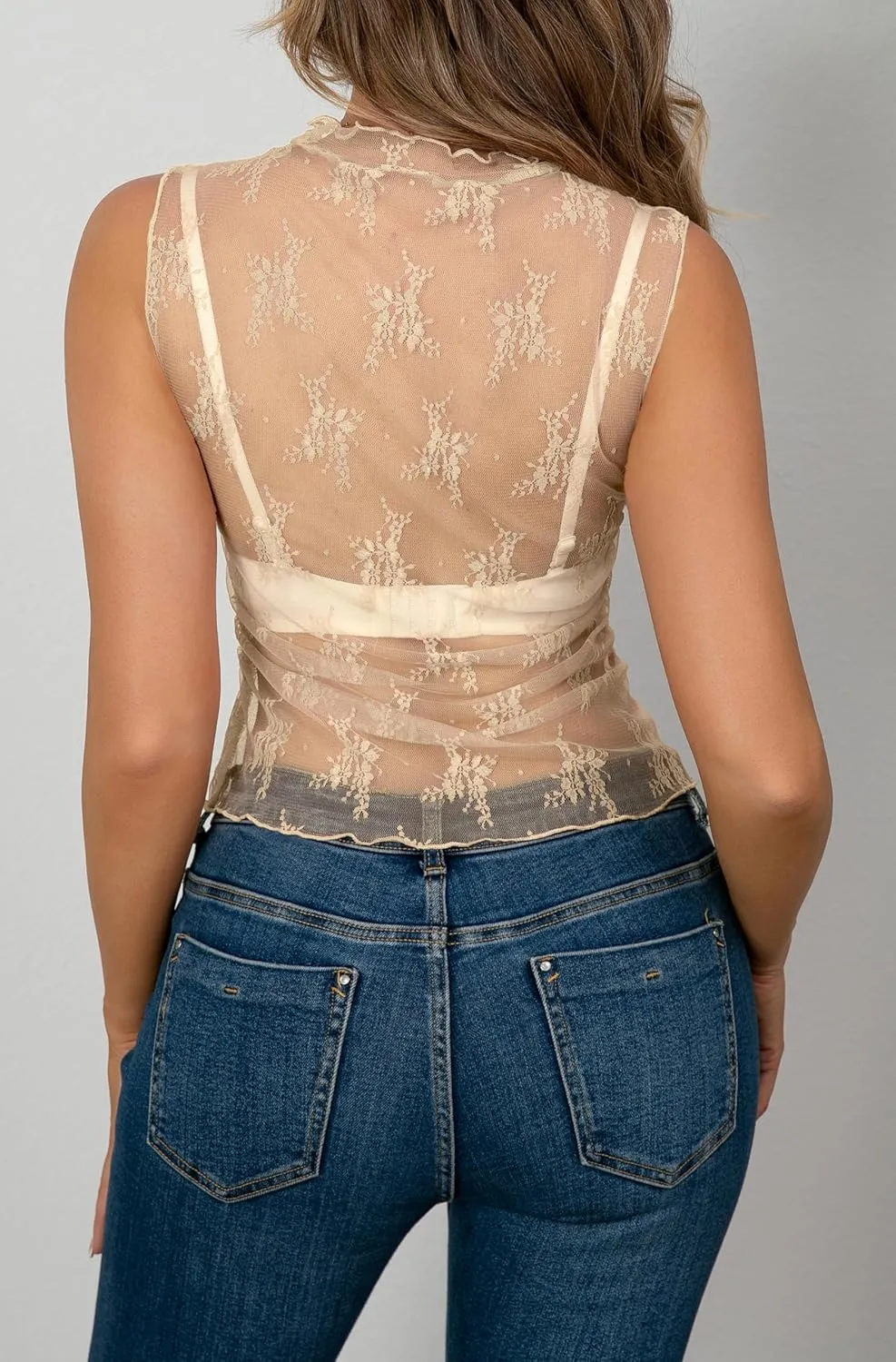 AISEW Womens Sheer Mesh Tank Tops Mock Neck Summer Lace Sleeveless Camisole Y2K Crop Tank Shirt