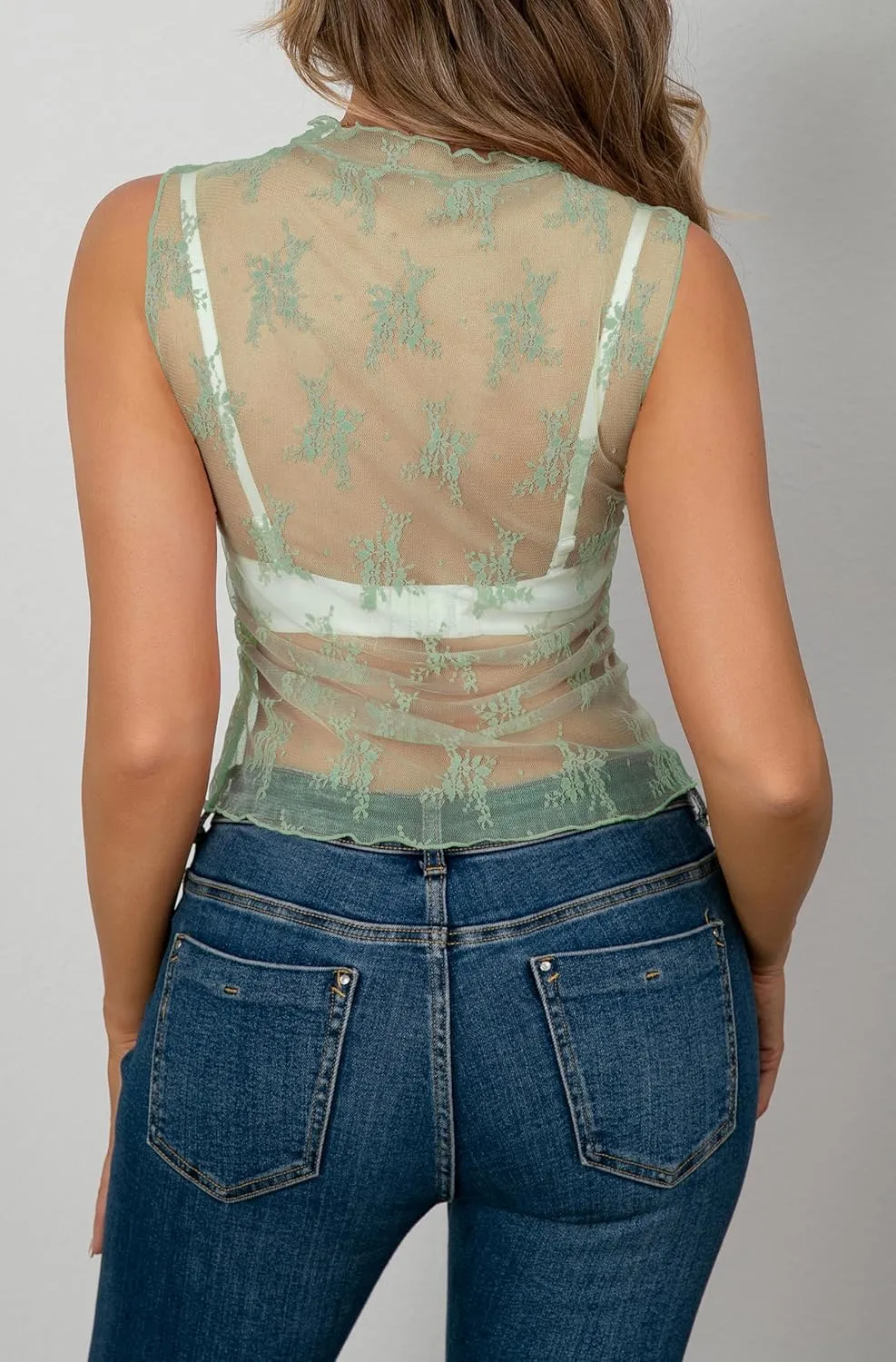 AISEW Womens Sheer Mesh Tank Tops Mock Neck Summer Lace Sleeveless Camisole Y2K Crop Tank Shirt