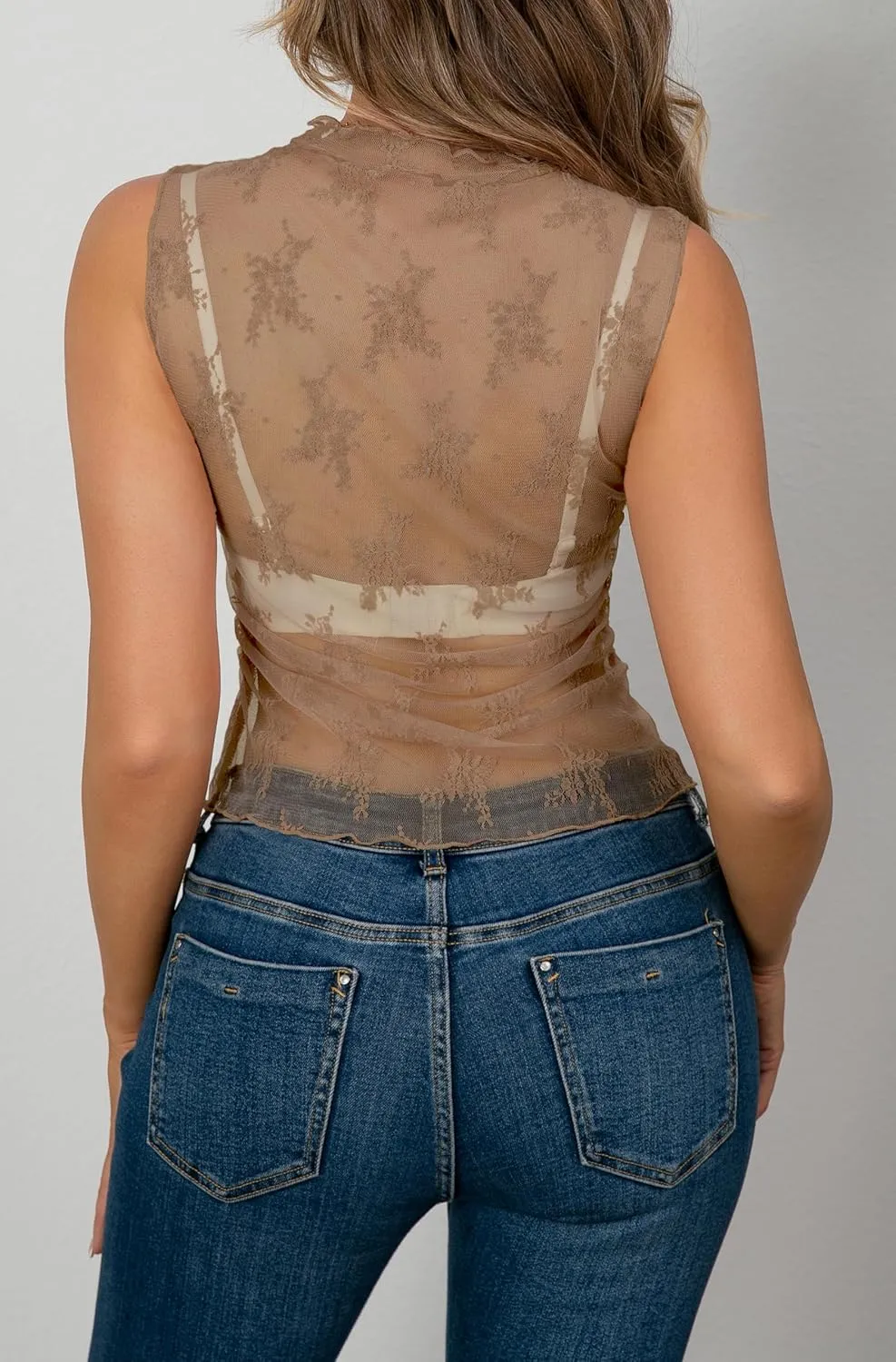 AISEW Womens Sheer Mesh Tank Tops Mock Neck Summer Lace Sleeveless Camisole Y2K Crop Tank Shirt