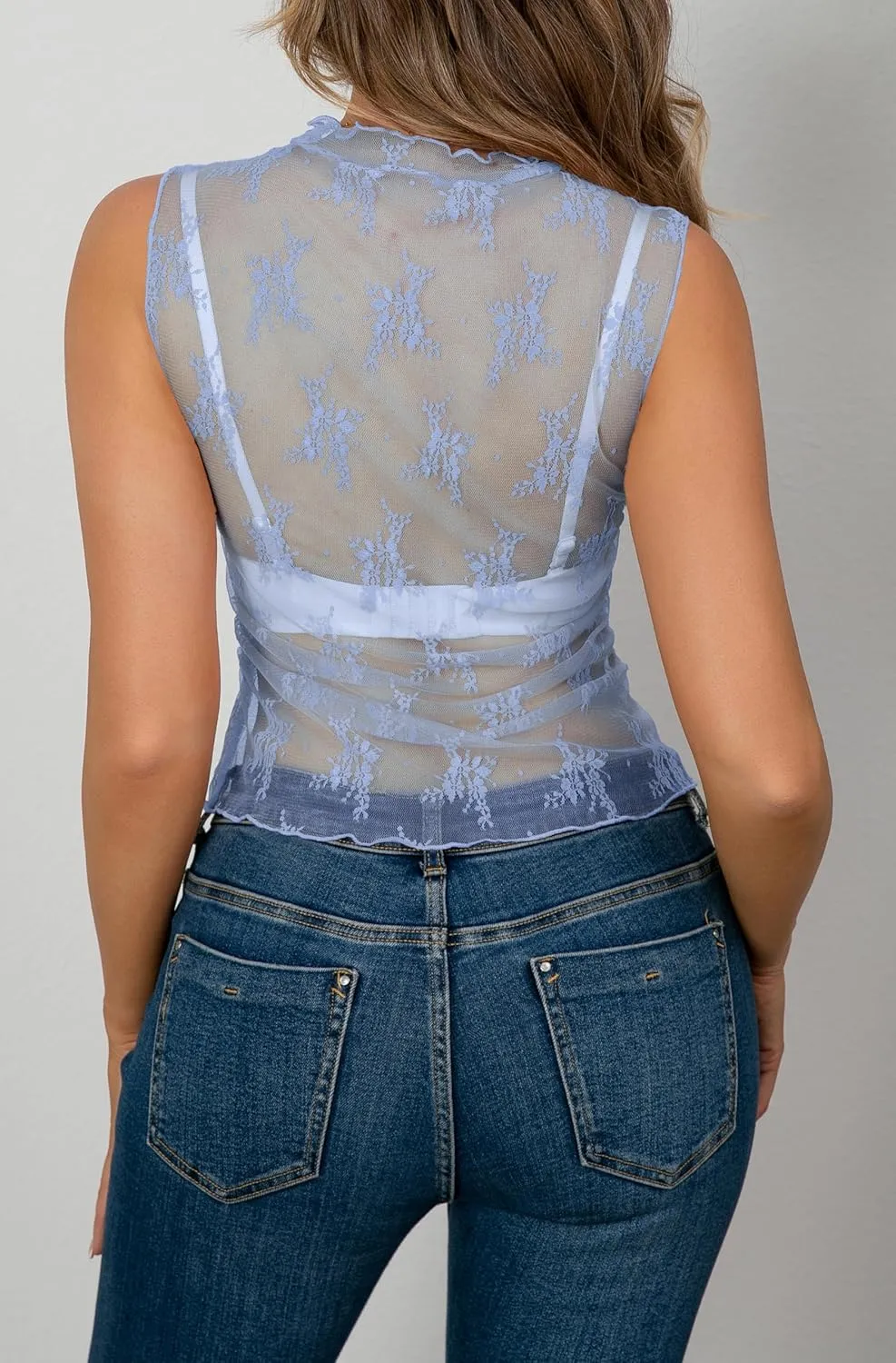 AISEW Womens Sheer Mesh Tank Tops Mock Neck Summer Lace Sleeveless Camisole Y2K Crop Tank Shirt