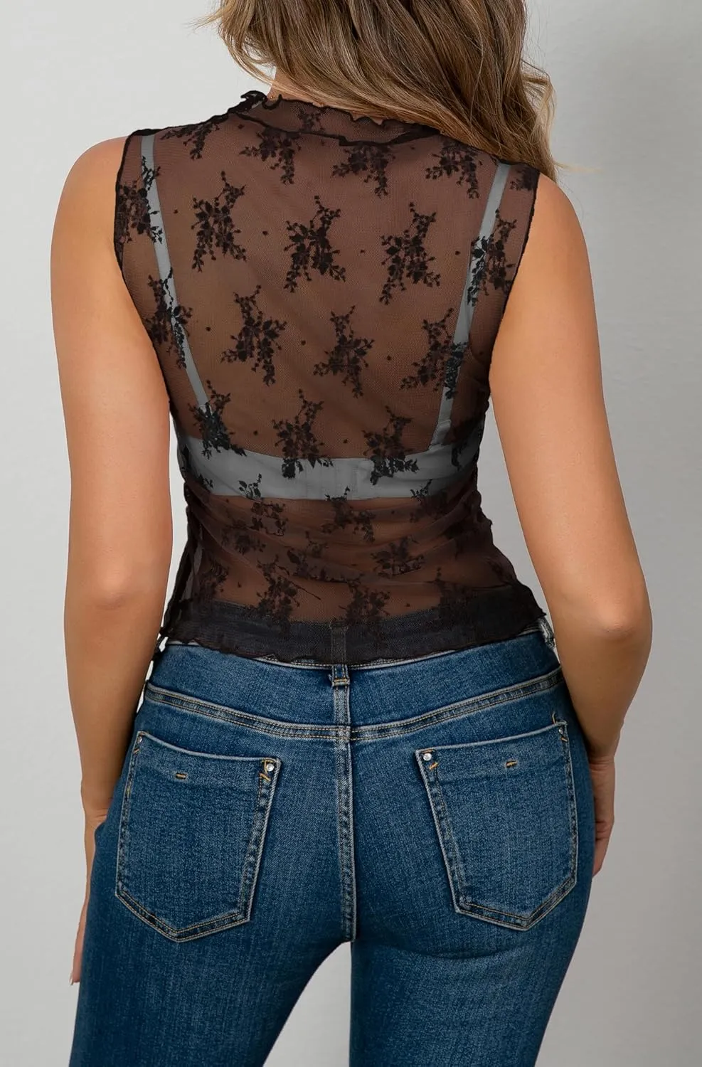 AISEW Womens Sheer Mesh Tank Tops Mock Neck Summer Lace Sleeveless Camisole Y2K Crop Tank Shirt