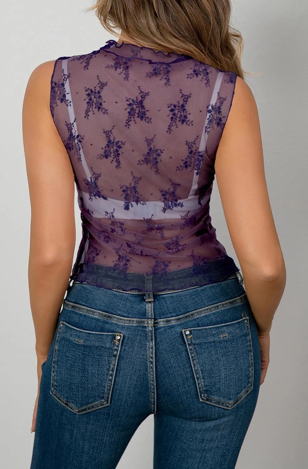 AISEW Womens Sheer Mesh Tank Tops Mock Neck Summer Lace Sleeveless Camisole Y2K Crop Tank Shirt