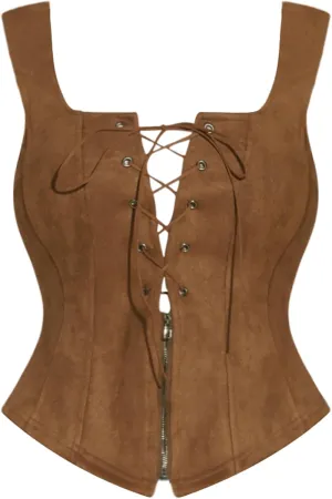 Allegra K Renaissance Corset for Women's Faux Suede Vintage Sleeveless Lace Up Waistcoat Vests