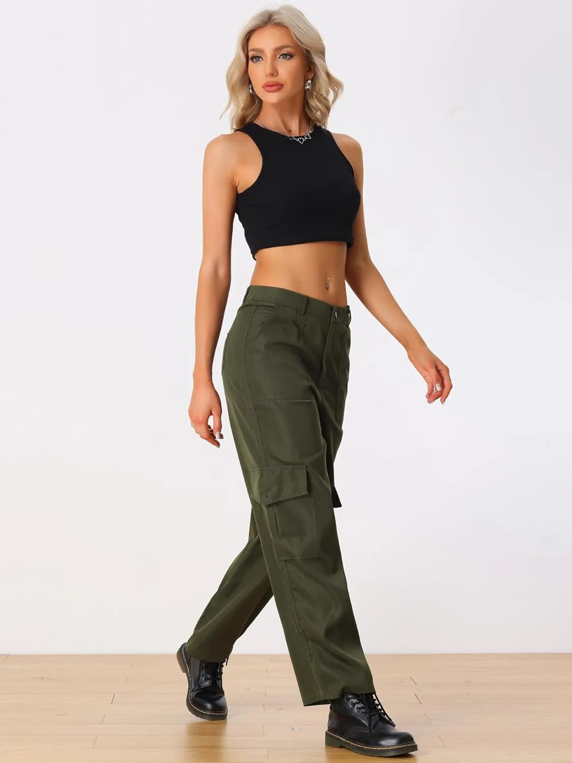 Allegra K Women's Cargo Pants Mid Rise Baggy Wide Leg Pockets Y2K Casual Pants