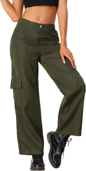 Allegra K Women's Cargo Pants Mid Rise Baggy Wide Leg Pockets Y2K Casual Pants