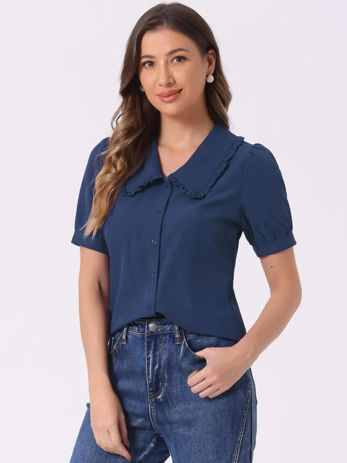 Allegra K Women's Peter Pan Collar Shirt Puff Short Sleeve Retro Vintage Blouse