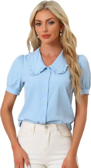 Allegra K Women's Peter Pan Collar Shirt Puff Short Sleeve Retro Vintage Blouse