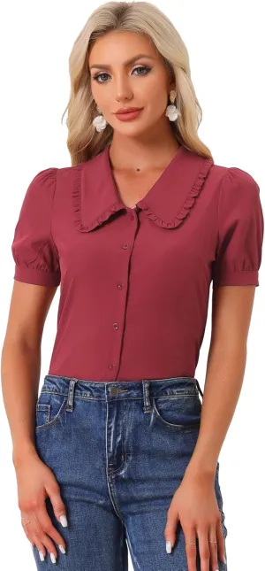 Allegra K Women's Peter Pan Collar Shirt Puff Short Sleeve Retro Vintage Blouse