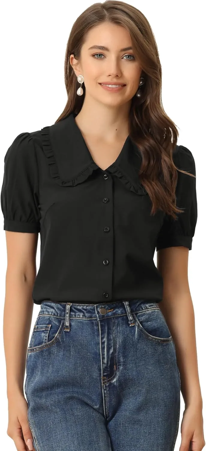 Allegra K Women's Peter Pan Collar Shirt Puff Short Sleeve Retro Vintage Blouse