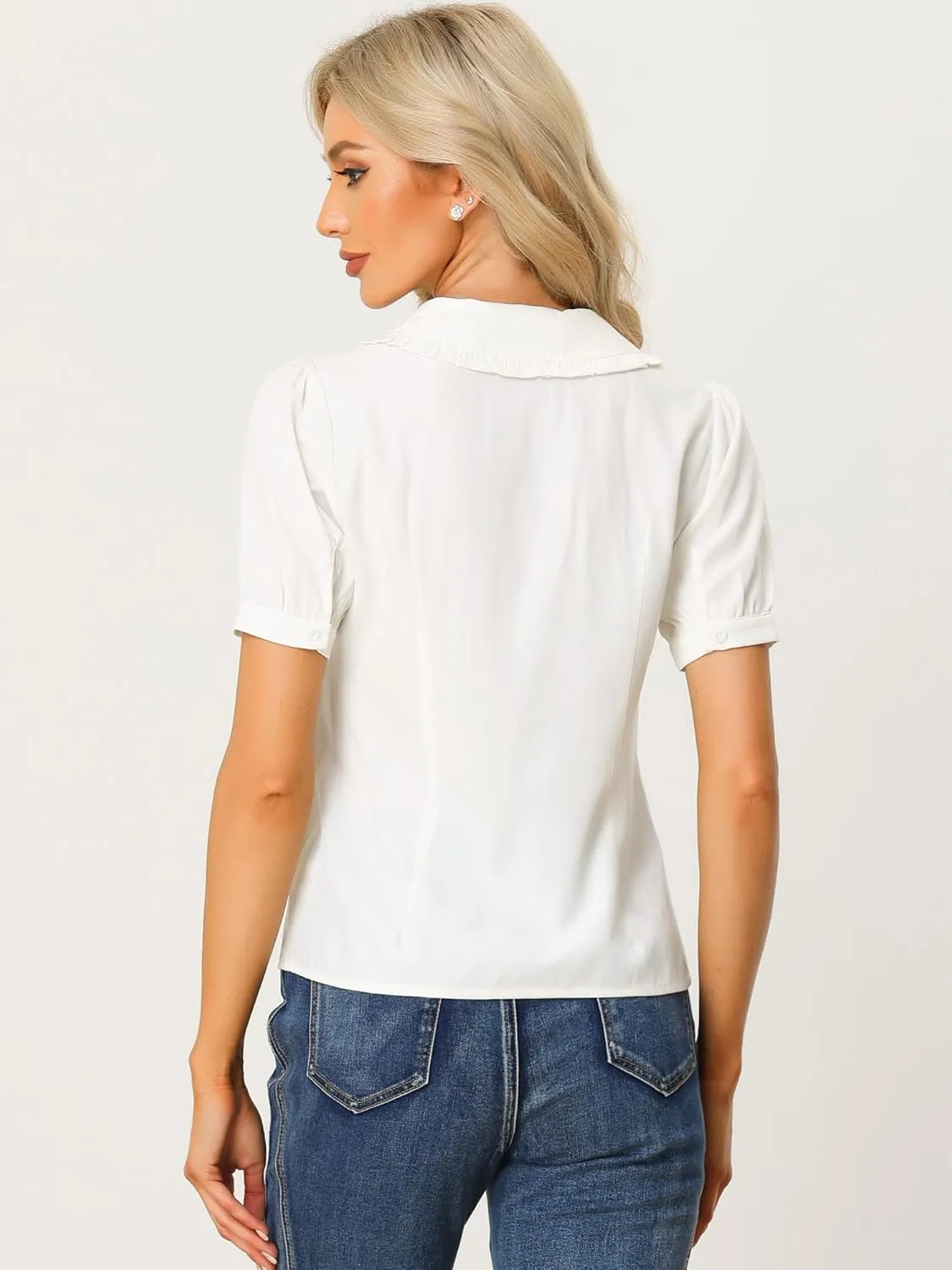 Allegra K Women's Peter Pan Collar Shirt Puff Short Sleeve Retro Vintage Blouse