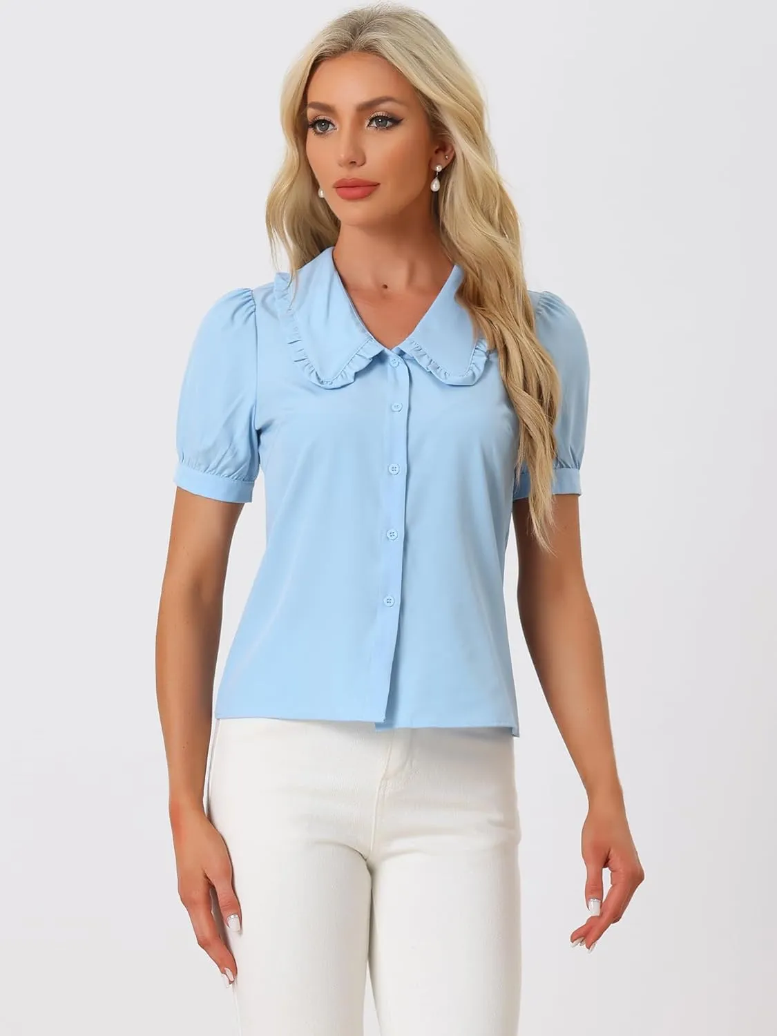 Allegra K Women's Peter Pan Collar Shirt Puff Short Sleeve Retro Vintage Blouse