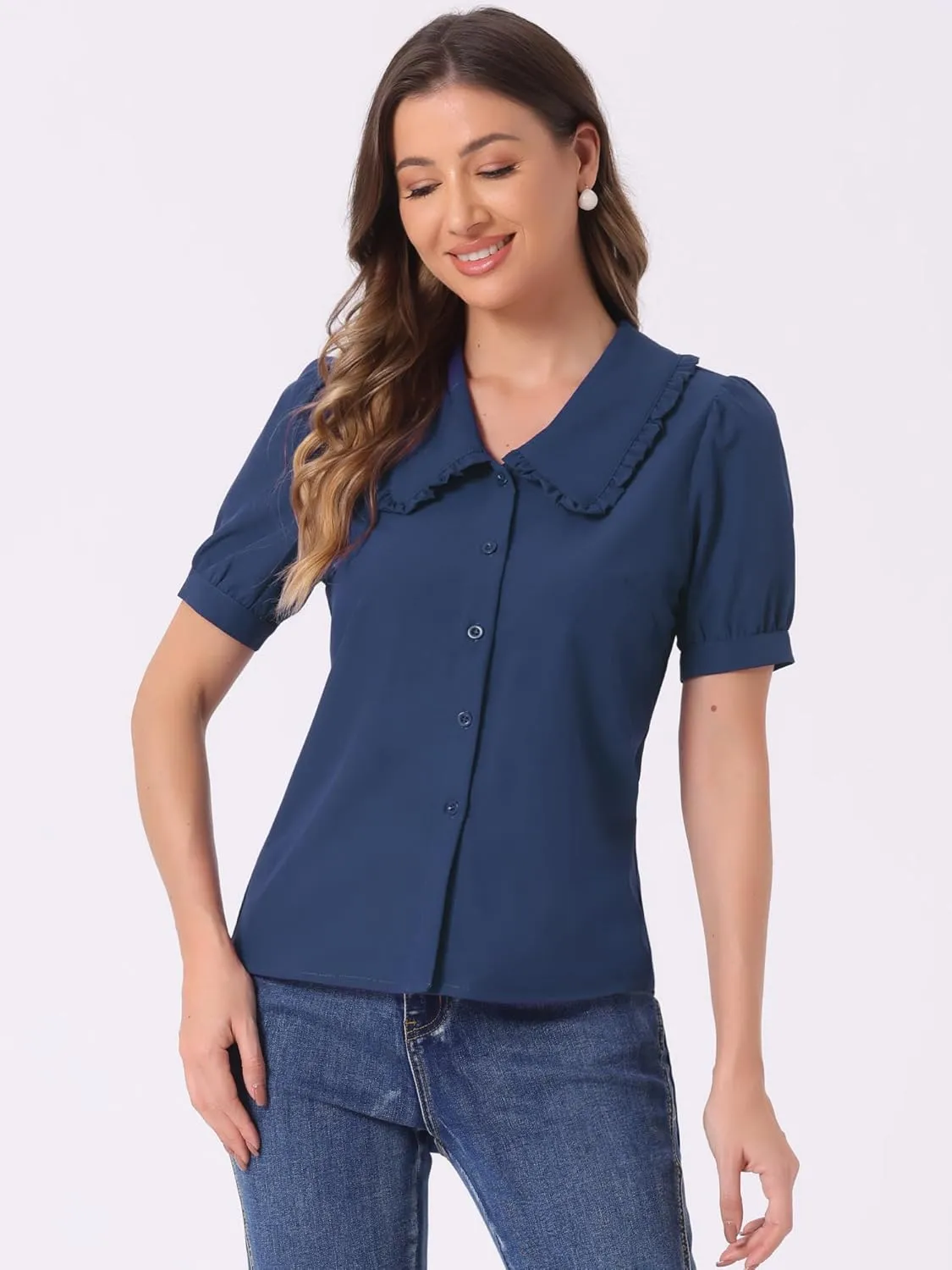 Allegra K Women's Peter Pan Collar Shirt Puff Short Sleeve Retro Vintage Blouse