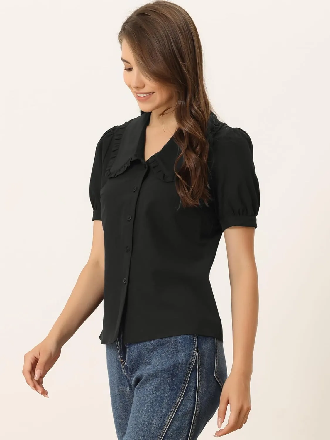 Allegra K Women's Peter Pan Collar Shirt Puff Short Sleeve Retro Vintage Blouse