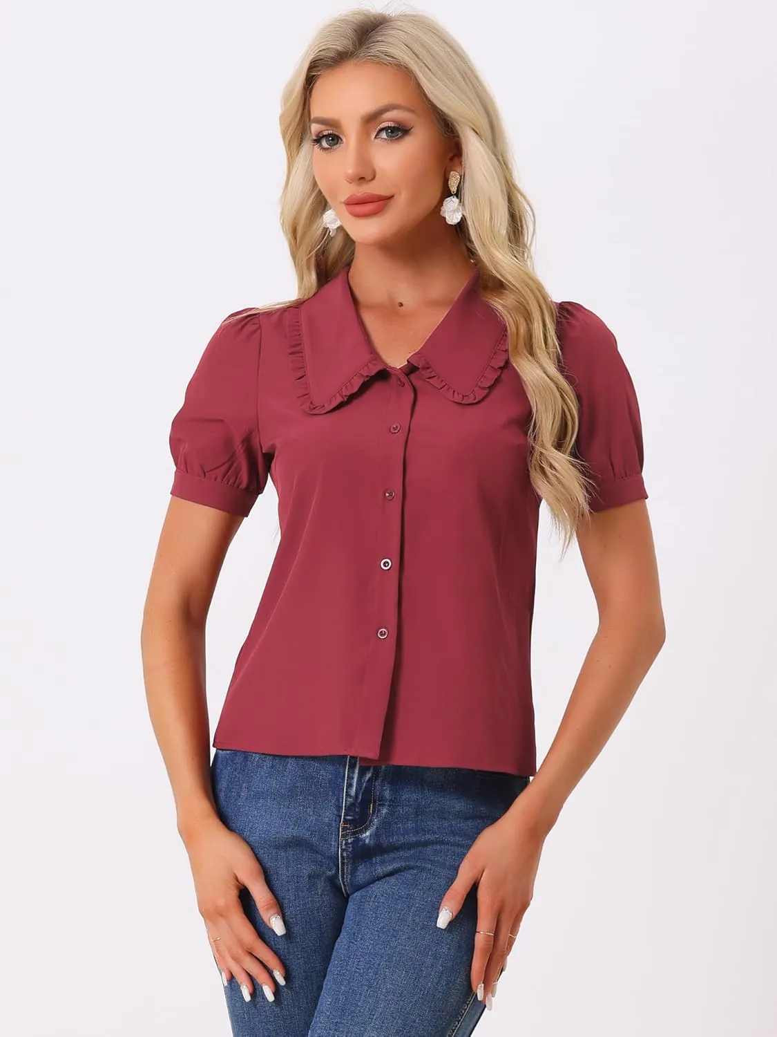 Allegra K Women's Peter Pan Collar Shirt Puff Short Sleeve Retro Vintage Blouse