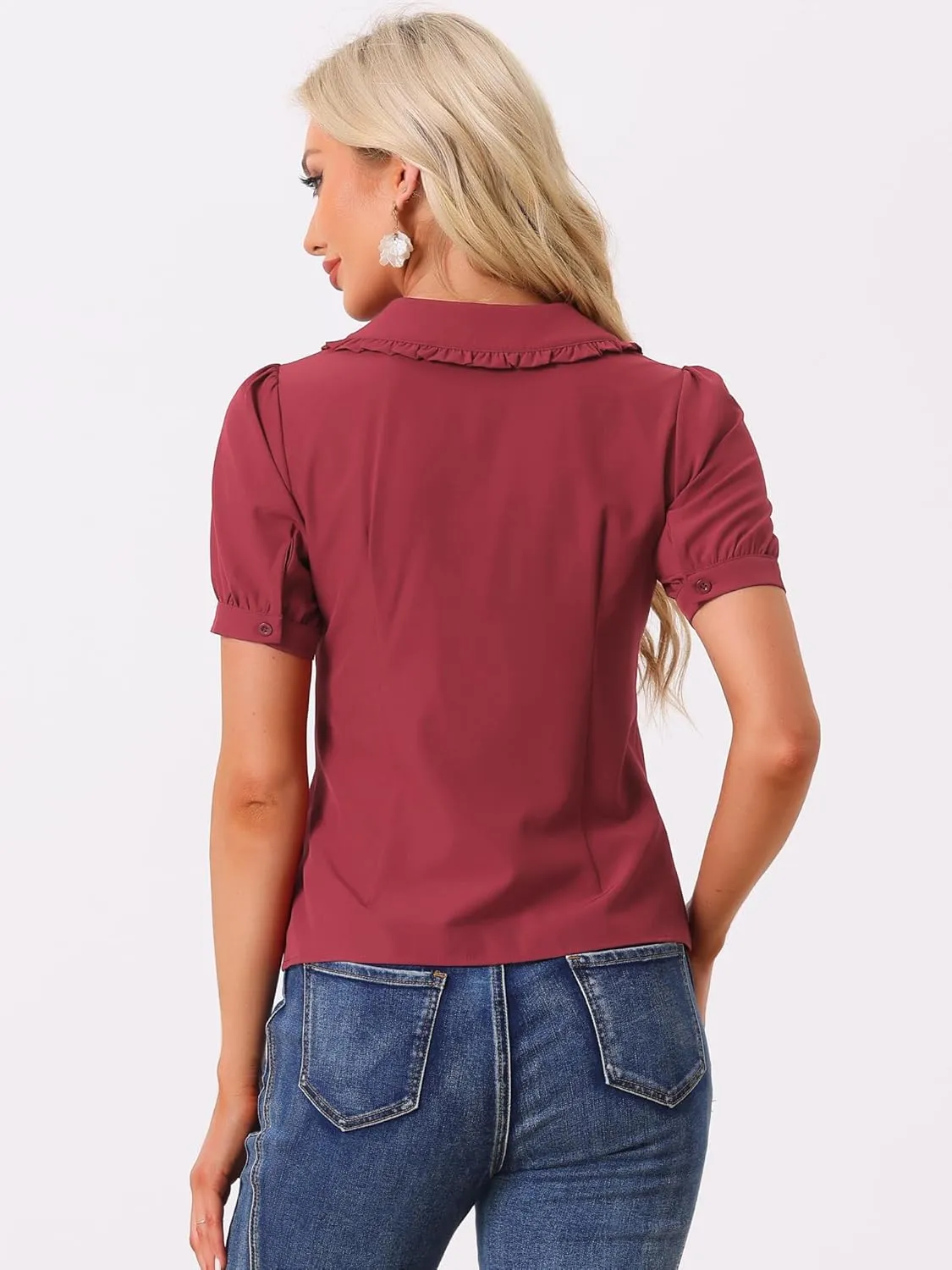 Allegra K Women's Peter Pan Collar Shirt Puff Short Sleeve Retro Vintage Blouse