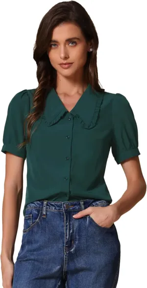 Allegra K Women's Peter Pan Collar Shirt Puff Short Sleeve Retro Vintage Blouse