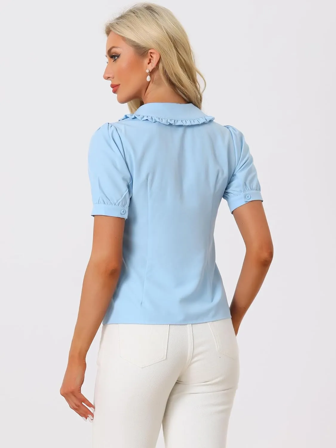 Allegra K Women's Peter Pan Collar Shirt Puff Short Sleeve Retro Vintage Blouse