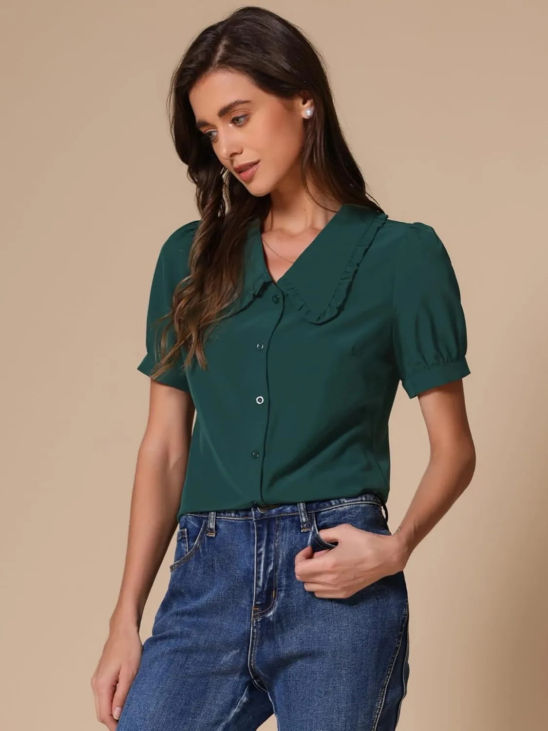 Allegra K Women's Peter Pan Collar Shirt Puff Short Sleeve Retro Vintage Blouse
