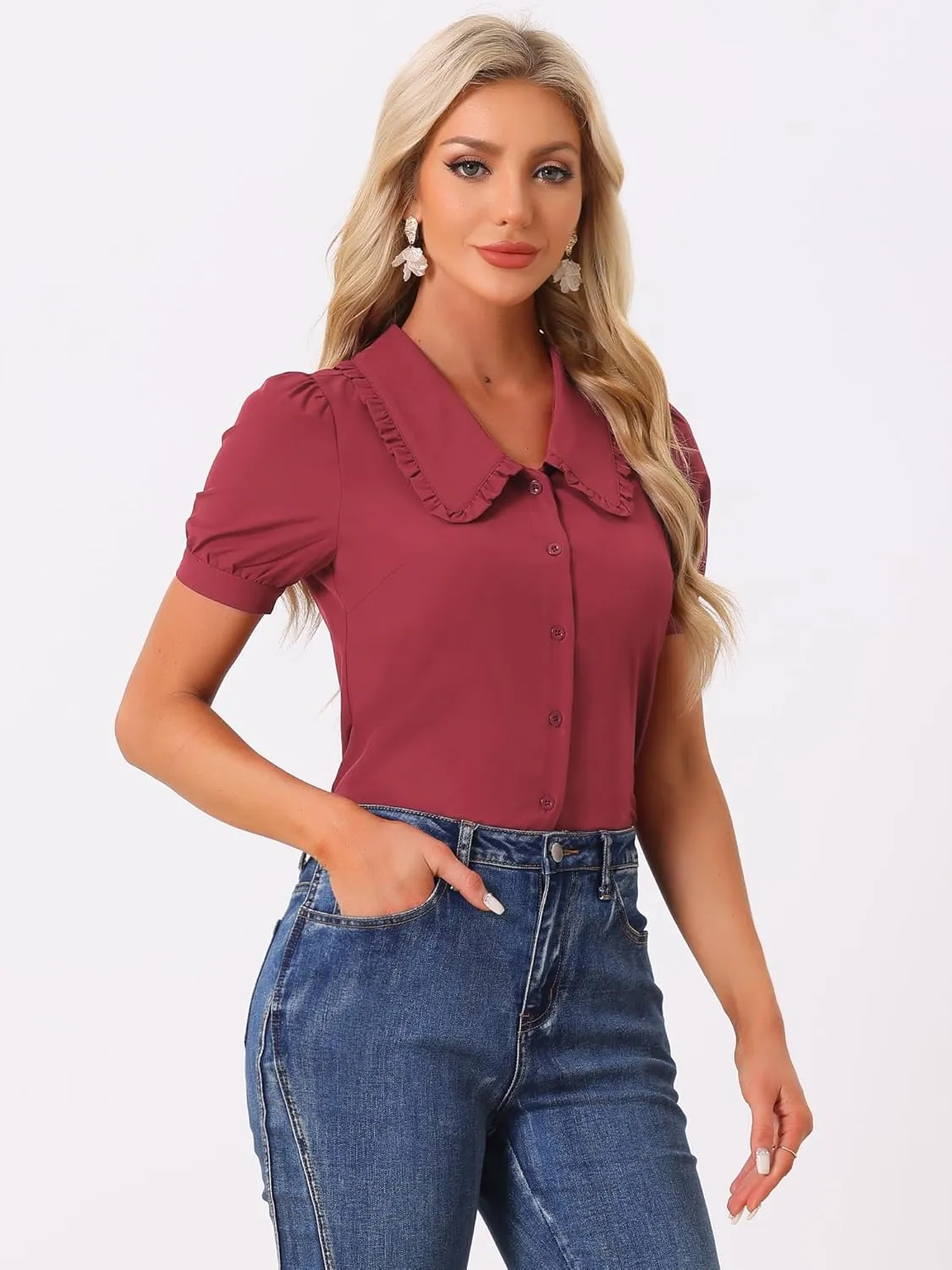 Allegra K Women's Peter Pan Collar Shirt Puff Short Sleeve Retro Vintage Blouse