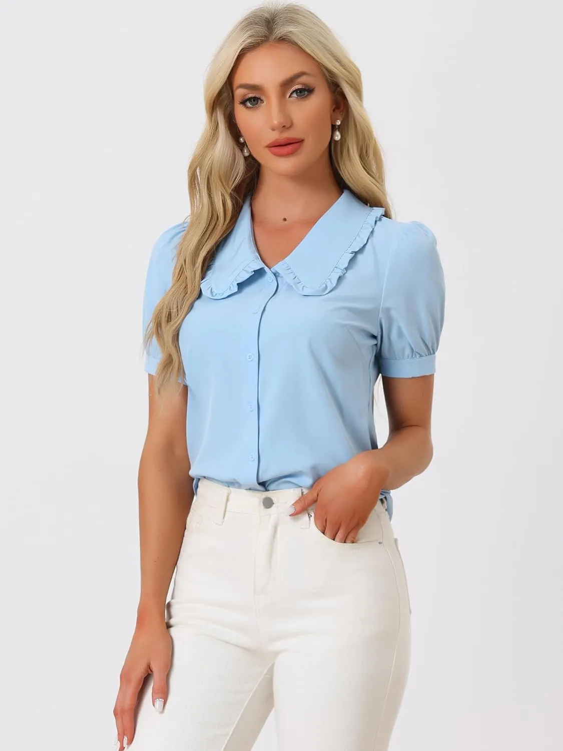 Allegra K Women's Peter Pan Collar Shirt Puff Short Sleeve Retro Vintage Blouse