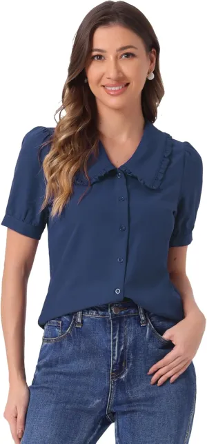 Allegra K Women's Peter Pan Collar Shirt Puff Short Sleeve Retro Vintage Blouse