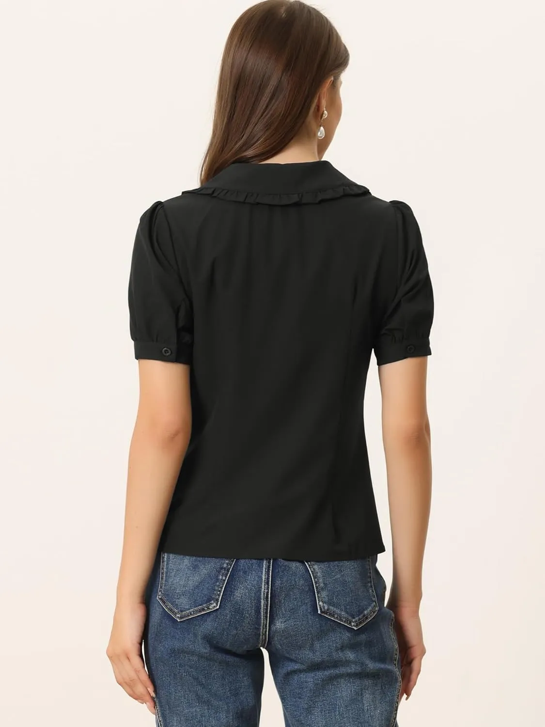 Allegra K Women's Peter Pan Collar Shirt Puff Short Sleeve Retro Vintage Blouse