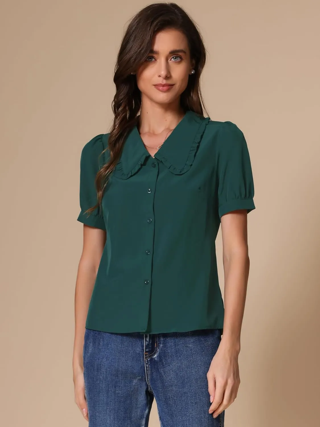 Allegra K Women's Peter Pan Collar Shirt Puff Short Sleeve Retro Vintage Blouse