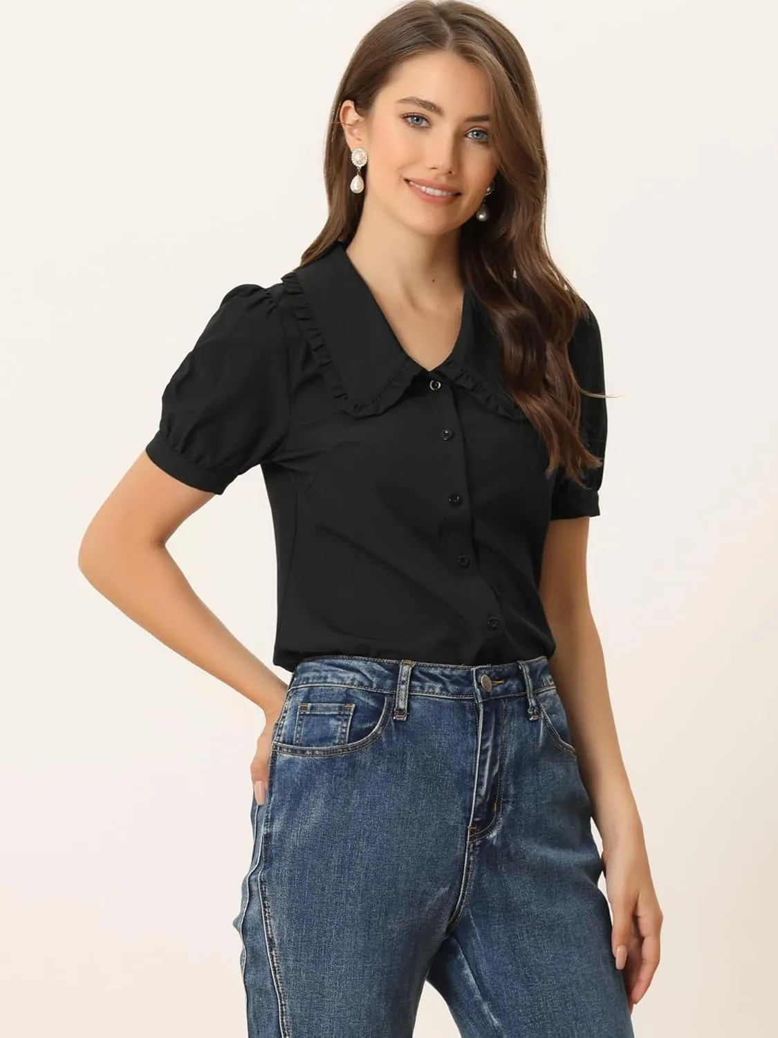 Allegra K Women's Peter Pan Collar Shirt Puff Short Sleeve Retro Vintage Blouse