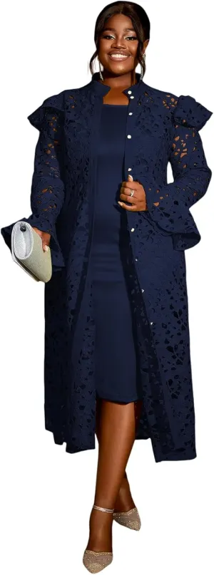 AOMEI Two Piece Dress Sets for Women Slip Shift Midi Dress with Eyelet Lace Button Down Cardigan Cocktail Party Outfits