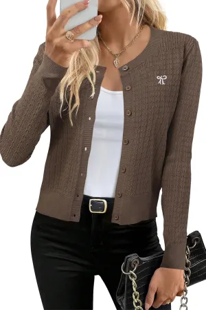 Arach&Cloz Womens 2025 Summer Lightweight Cardigan Long Sleeve Cable Knit Hollow Out Bow Embroidery Tops