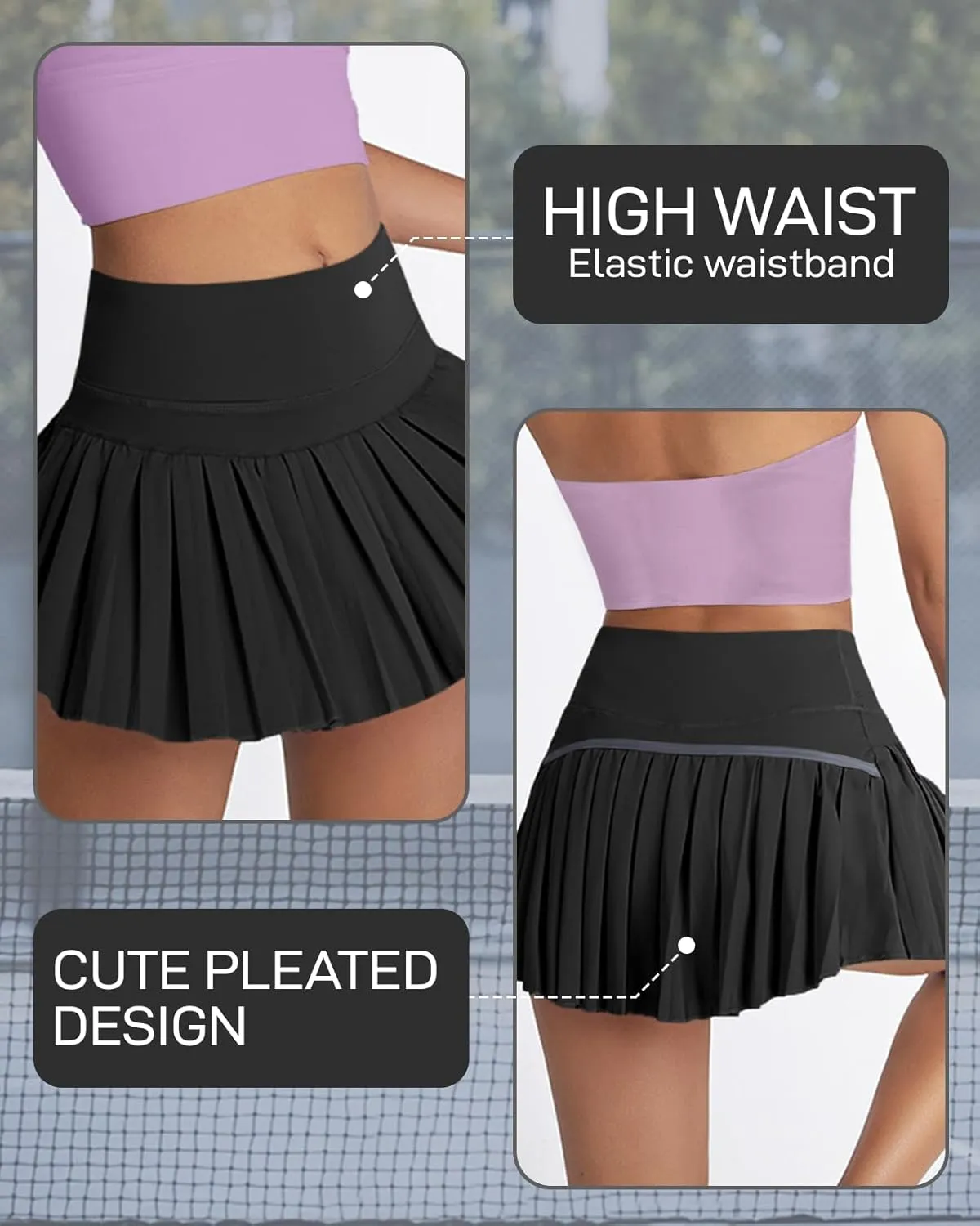 Athletic Pleated Tennis Skirt for Women Flowy A-Line Golf Skort with Shorts Pockets High Waist Workout Sport Skirt